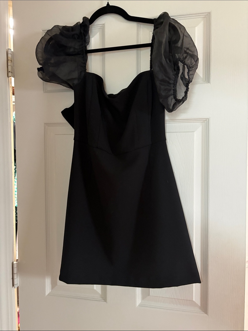 French Connection Black Mini Dress with Sheer Puff Sleeves